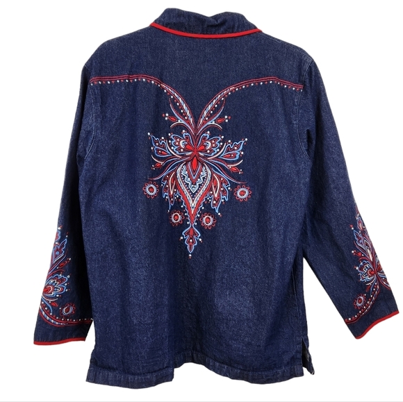 Bob Mackie Wearable Art Blue Denim Embroidered Jacket Shacket Women's Small - Picture 4 of 9